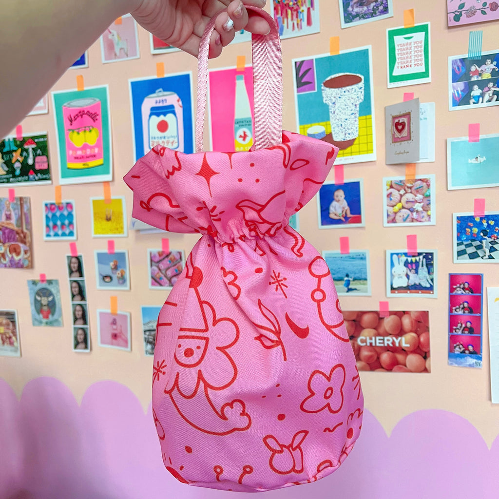Merlion Happy Print Drawstring Bag